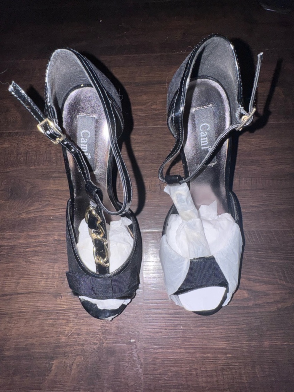 Cami Black Chain-Accent Bow Women’s Peep-Toe Heels